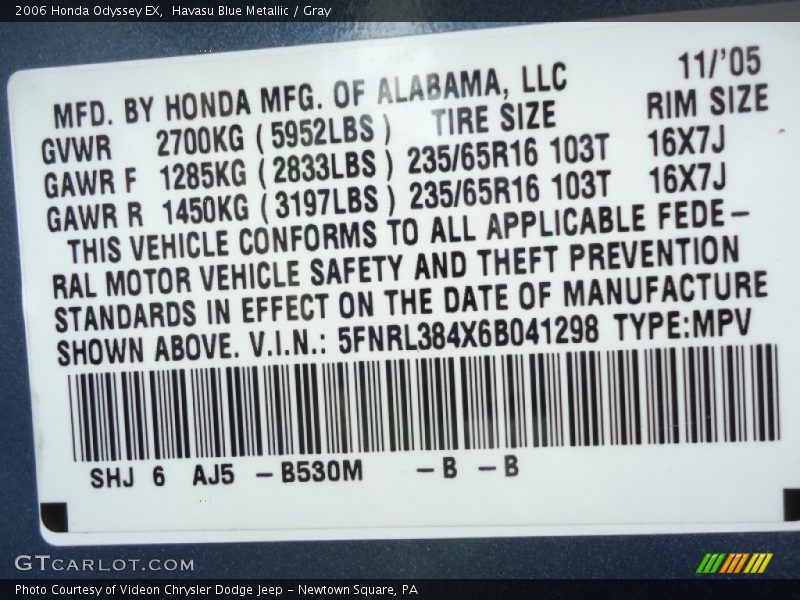 Havasu Blue Metallic / Gray 2006 Honda Odyssey EX