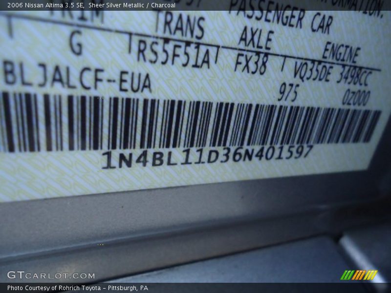 Sheer Silver Metallic / Charcoal 2006 Nissan Altima 3.5 SE