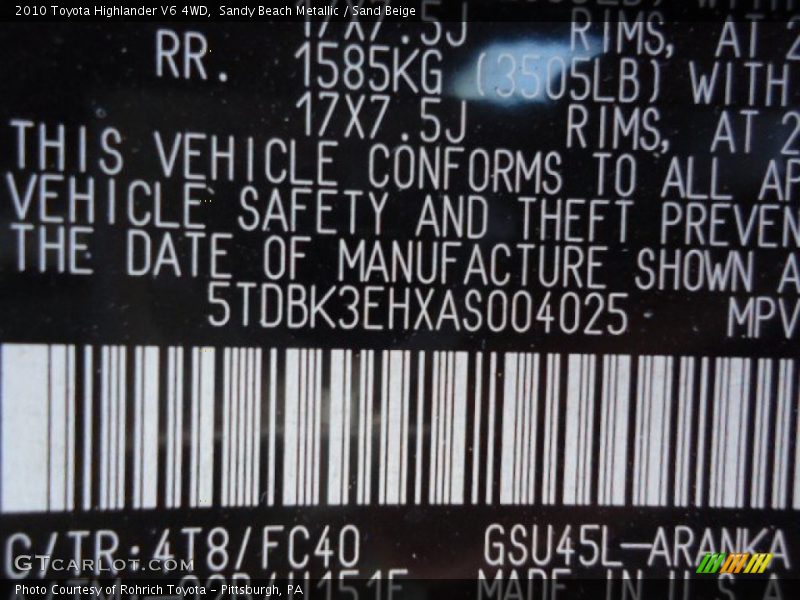 2010 Highlander V6 4WD Sandy Beach Metallic Color Code 4T8