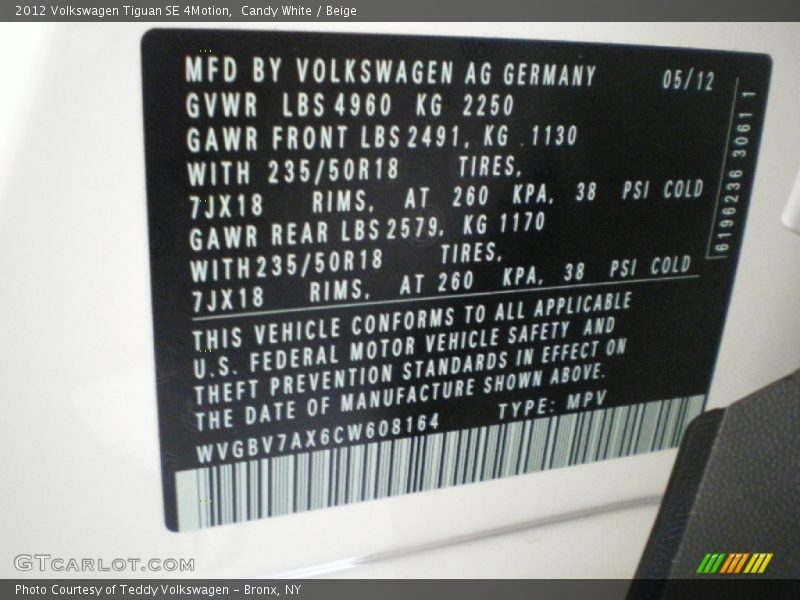 Candy White / Beige 2012 Volkswagen Tiguan SE 4Motion