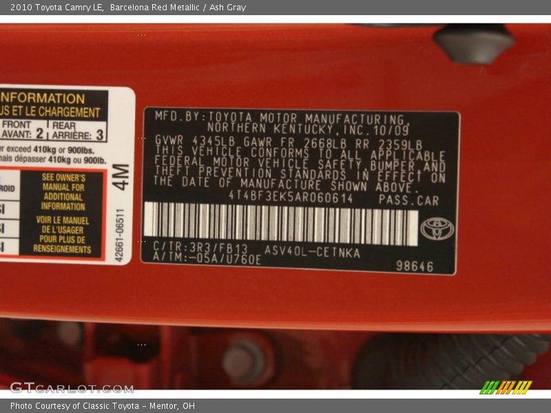 Barcelona Red Metallic / Ash Gray 2010 Toyota Camry LE