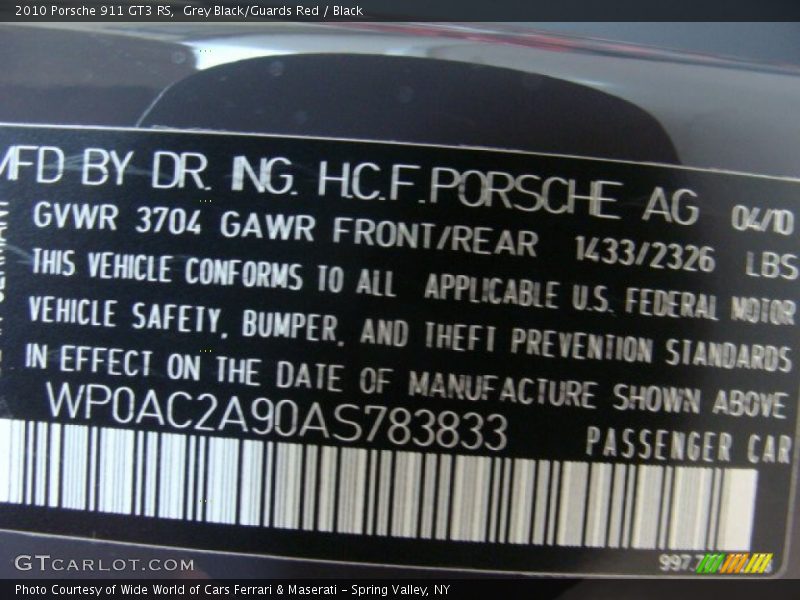 Info Tag of 2010 911 GT3 RS