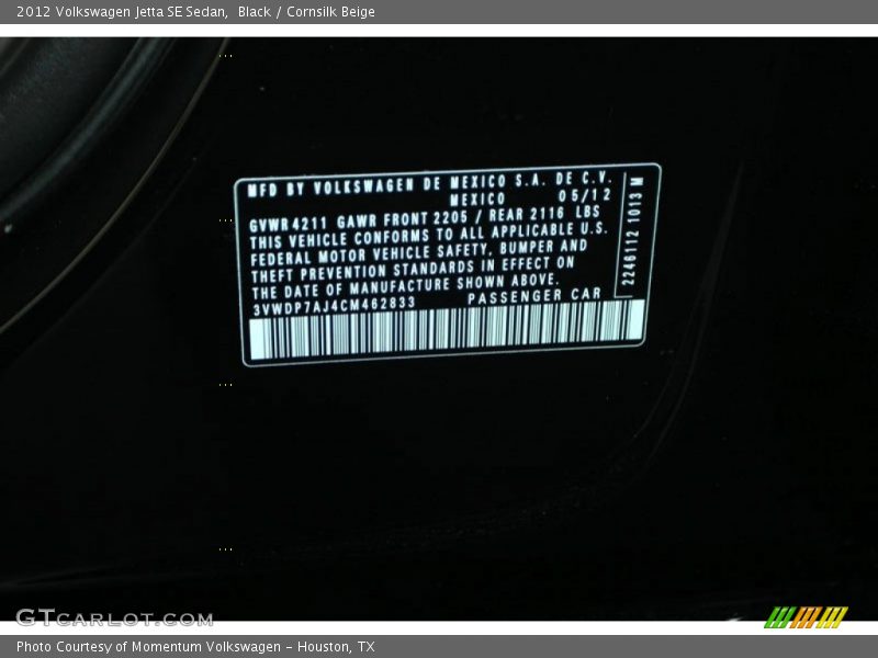 Black / Cornsilk Beige 2012 Volkswagen Jetta SE Sedan