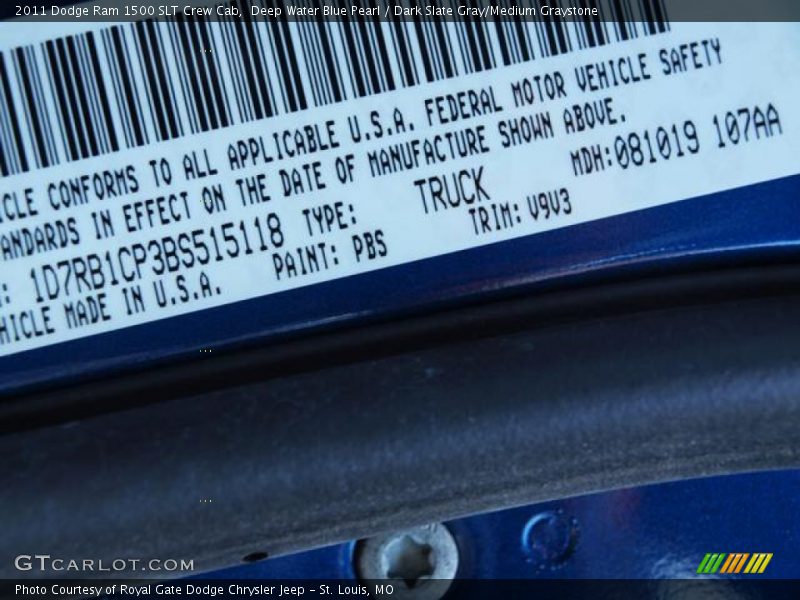 Deep Water Blue Pearl / Dark Slate Gray/Medium Graystone 2011 Dodge Ram 1500 SLT Crew Cab
