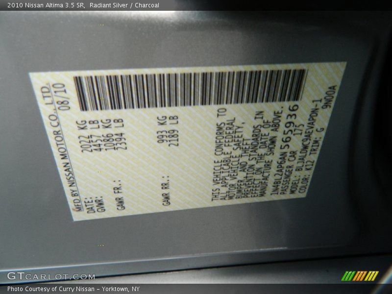 2010 Altima 3.5 SR Radiant Silver Color Code K12