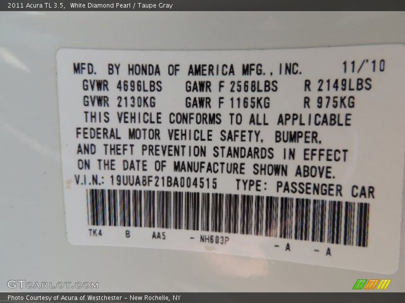 White Diamond Pearl / Taupe Gray 2011 Acura TL 3.5