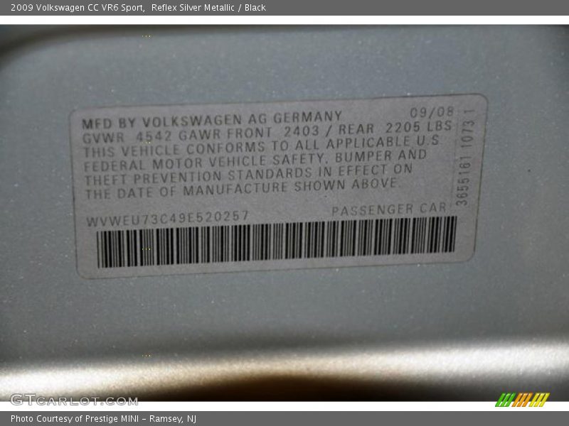 Info Tag of 2009 CC VR6 Sport