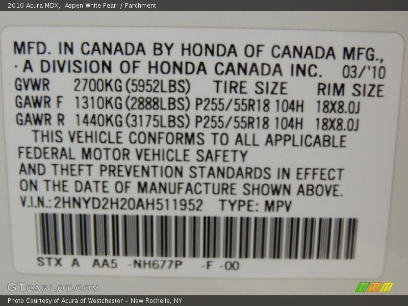2010 MDX  Aspen White Pearl Color Code NH677P
