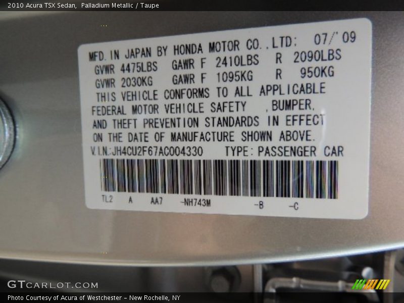 Palladium Metallic / Taupe 2010 Acura TSX Sedan