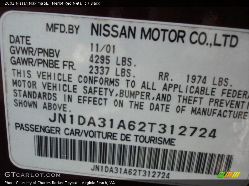 Merlot Red Metallic / Black 2002 Nissan Maxima SE