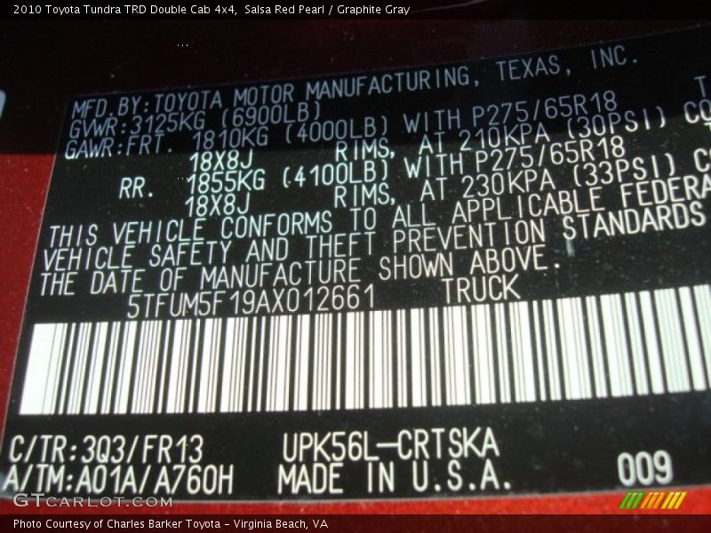 2010 Tundra TRD Double Cab 4x4 Salsa Red Pearl Color Code 3Q3