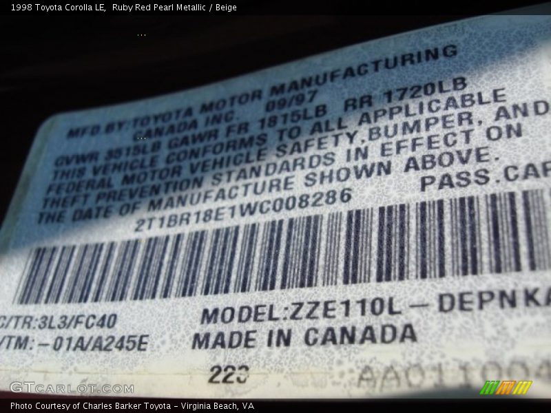 1998 Corolla LE Ruby Red Pearl Metallic Color Code 3L3