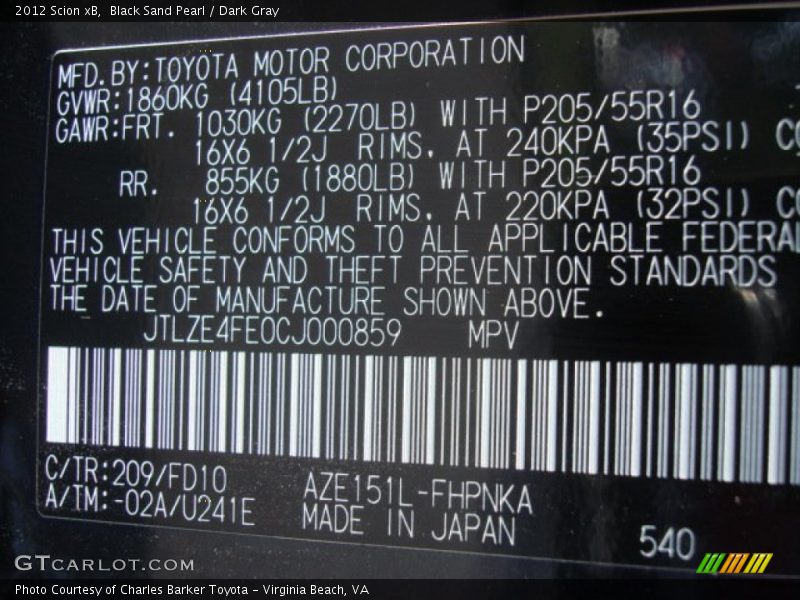 2012 xB  Black Sand Pearl Color Code 209