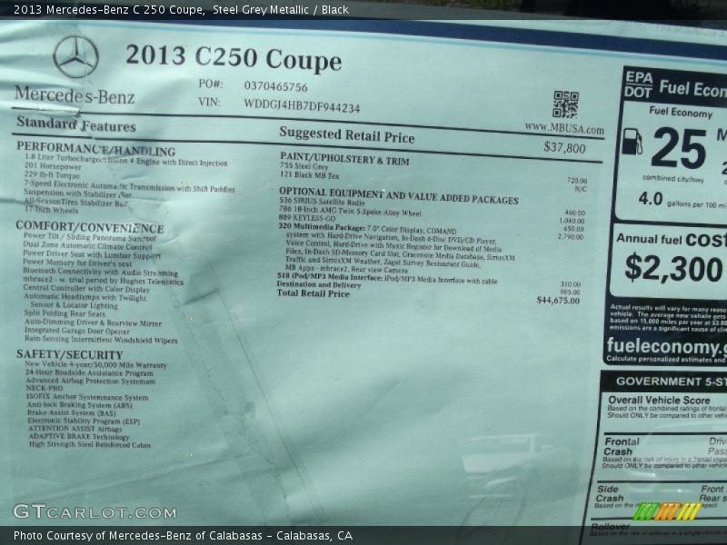  2013 C 250 Coupe Window Sticker