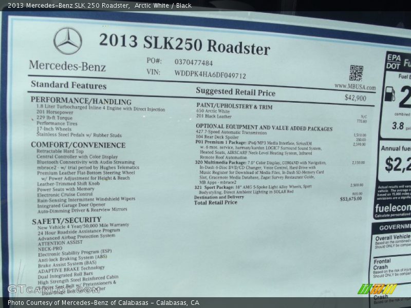 2013 SLK 250 Roadster Window Sticker