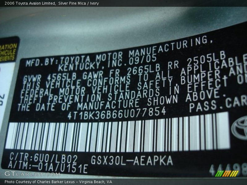 2006 Avalon Limited Silver Pine Mica Color Code 6U0