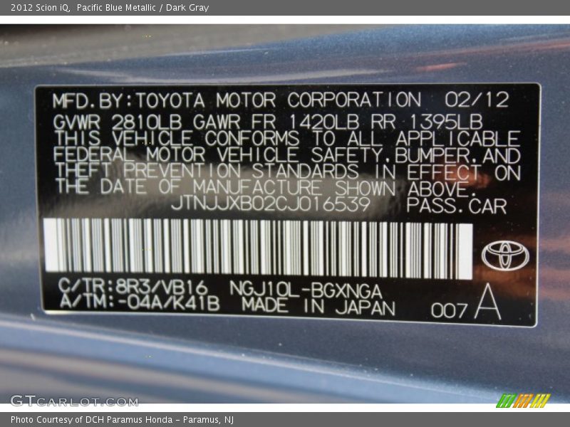 2012 iQ  Pacific Blue Metallic Color Code 8R3
