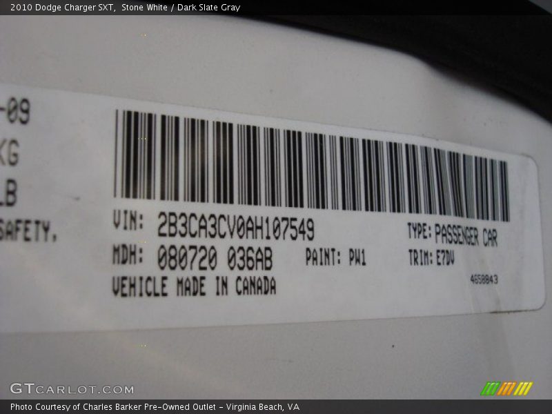 Stone White / Dark Slate Gray 2010 Dodge Charger SXT