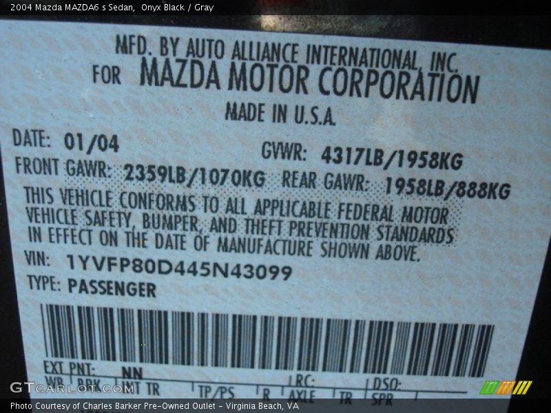 Onyx Black / Gray 2004 Mazda MAZDA6 s Sedan