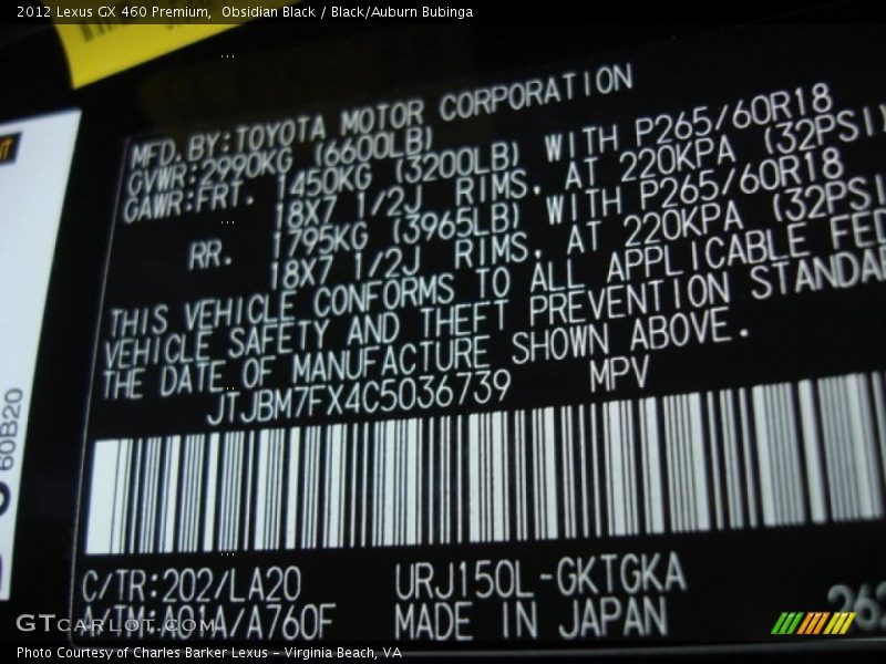 Obsidian Black / Black/Auburn Bubinga 2012 Lexus GX 460 Premium