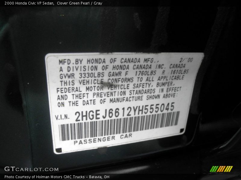 Clover Green Pearl / Gray 2000 Honda Civic VP Sedan