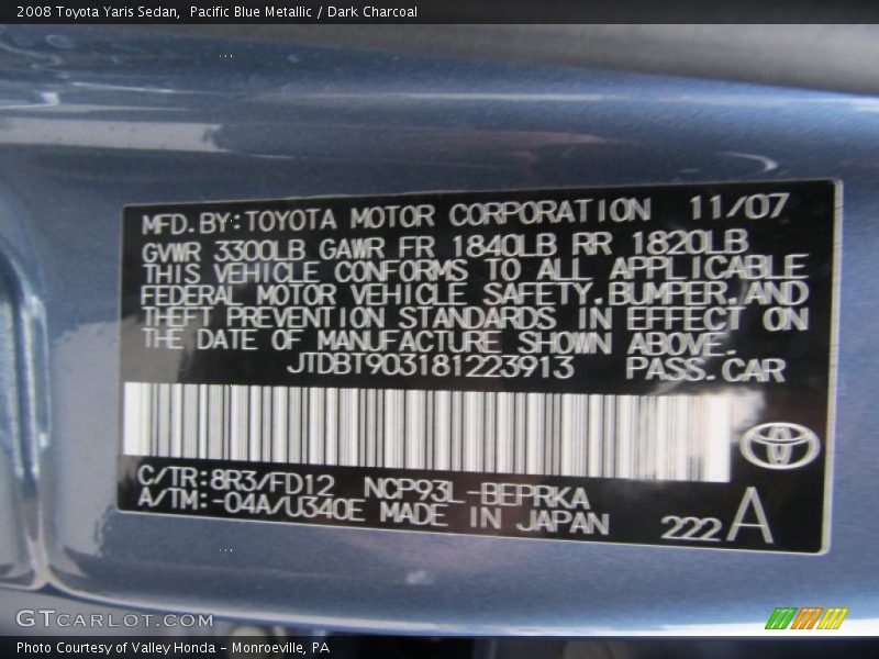 Pacific Blue Metallic / Dark Charcoal 2008 Toyota Yaris Sedan