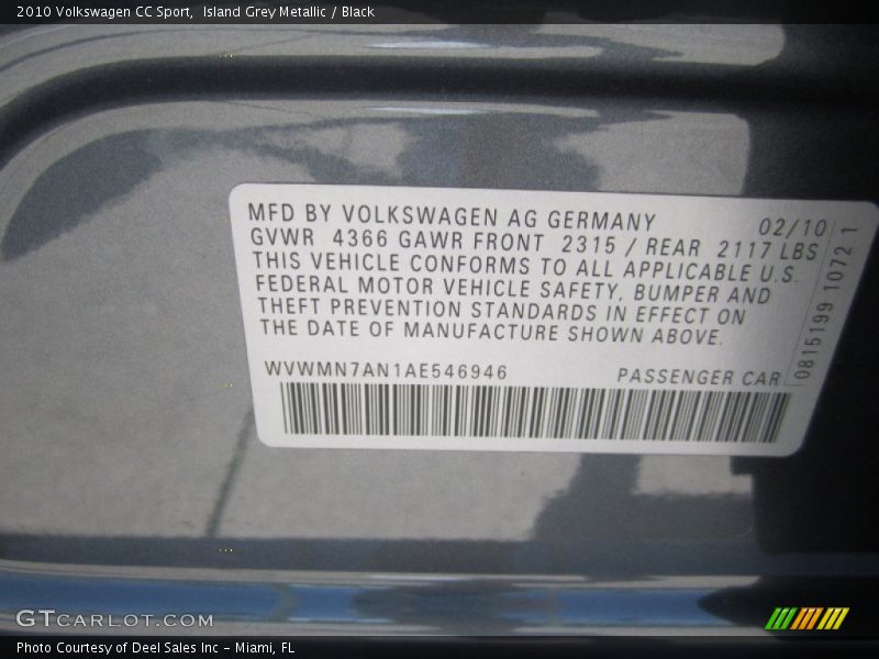 Island Grey Metallic / Black 2010 Volkswagen CC Sport