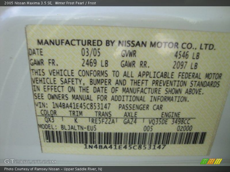 2005 Maxima 3.5 SE Winter Frost Pearl Color Code QX3