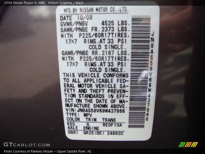 2009 Rogue SL AWD Iridium Graphite Color Code K55