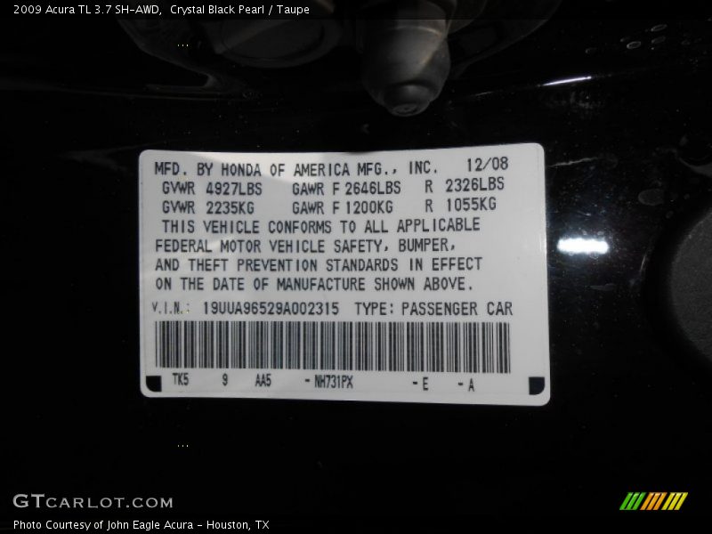 2009 TL 3.7 SH-AWD Crystal Black Pearl Color Code NH731PX