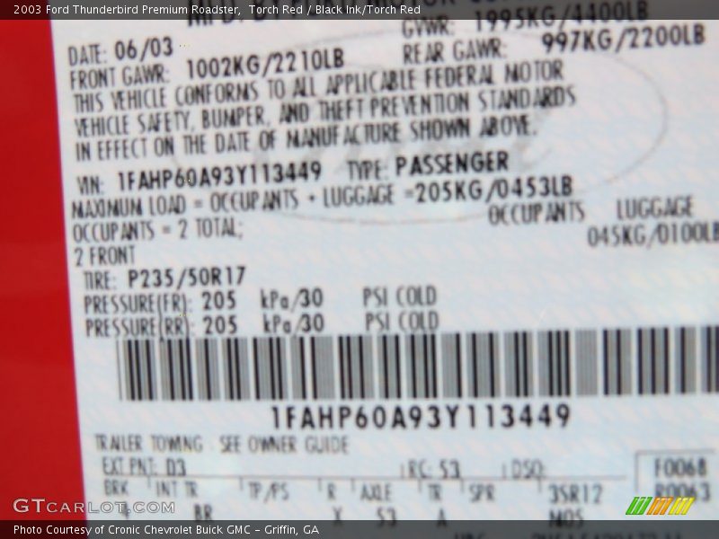 2003 Thunderbird Premium Roadster Torch Red Color Code D3