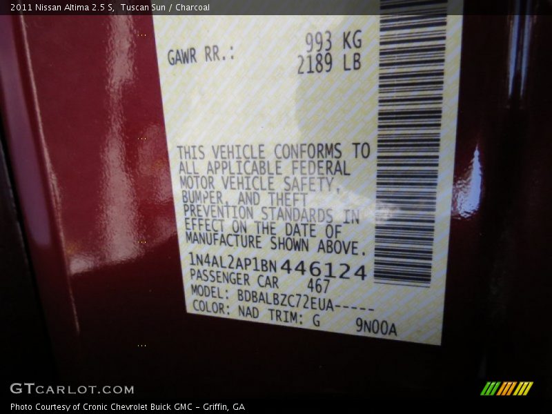 2011 Altima 2.5 S Tuscan Sun Color Code NAD