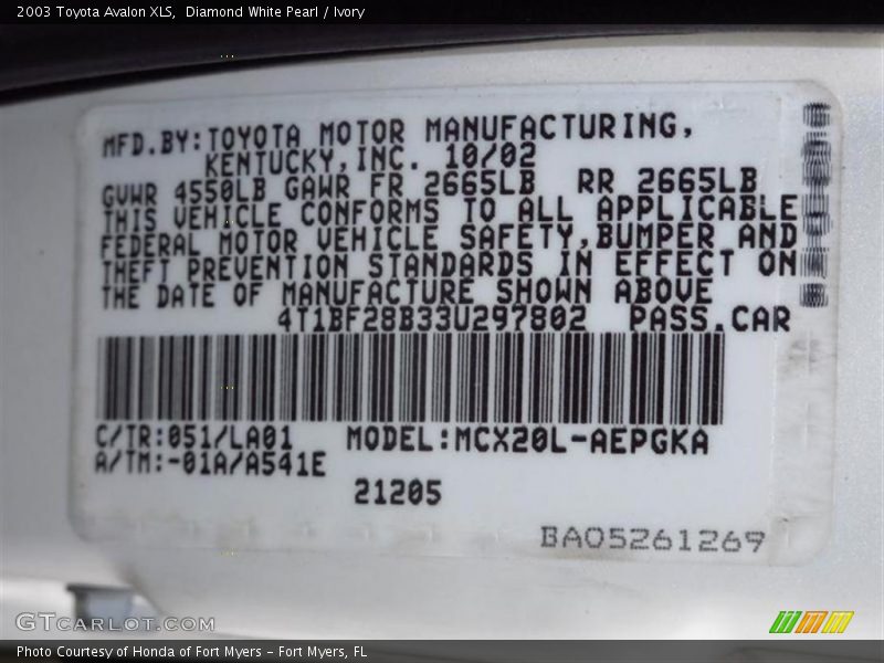2003 Avalon XLS Diamond White Pearl Color Code 051