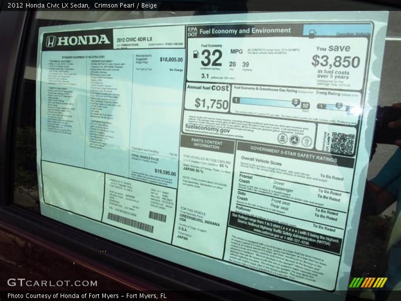 Crimson Pearl / Beige 2012 Honda Civic LX Sedan