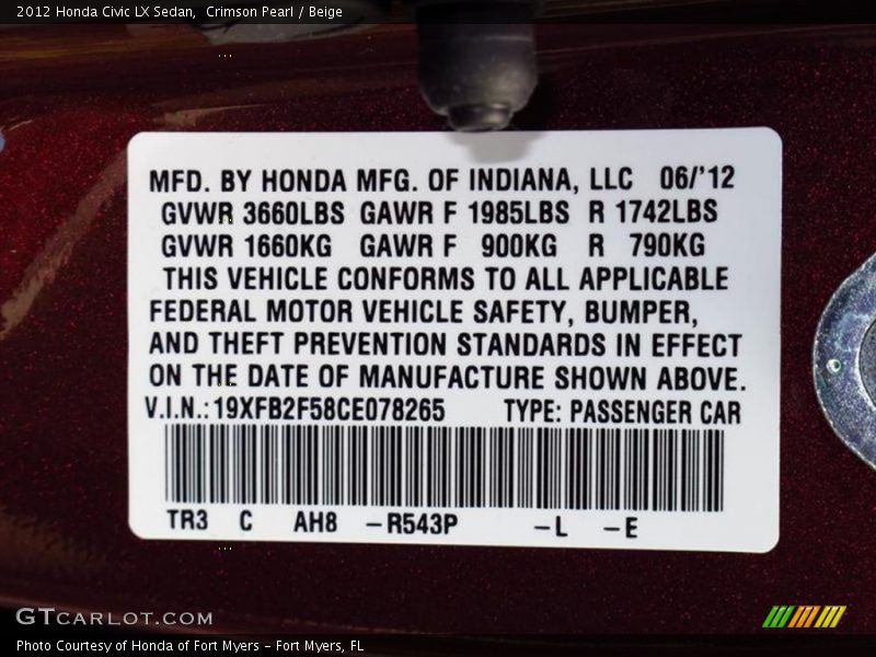 Crimson Pearl / Beige 2012 Honda Civic LX Sedan