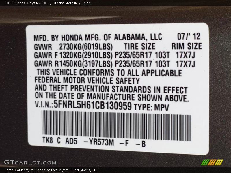 Mocha Metallic / Beige 2012 Honda Odyssey EX-L