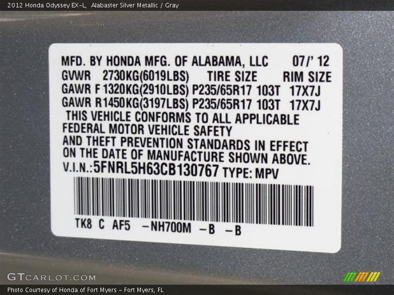 Alabaster Silver Metallic / Gray 2012 Honda Odyssey EX-L
