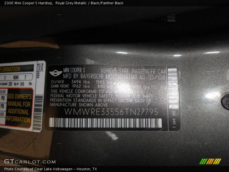 Royal Grey Metallic / Black/Panther Black 2006 Mini Cooper S Hardtop