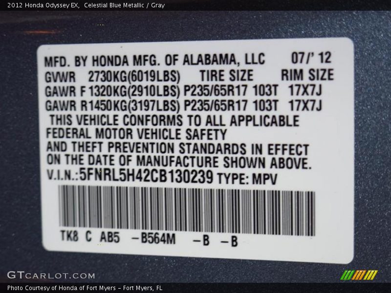 Celestial Blue Metallic / Gray 2012 Honda Odyssey EX