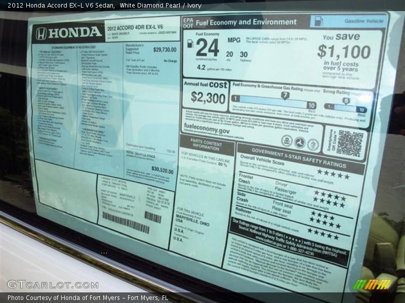 White Diamond Pearl / Ivory 2012 Honda Accord EX-L V6 Sedan