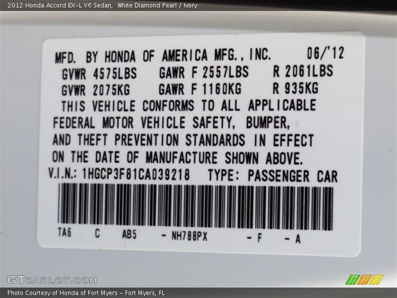 White Diamond Pearl / Ivory 2012 Honda Accord EX-L V6 Sedan