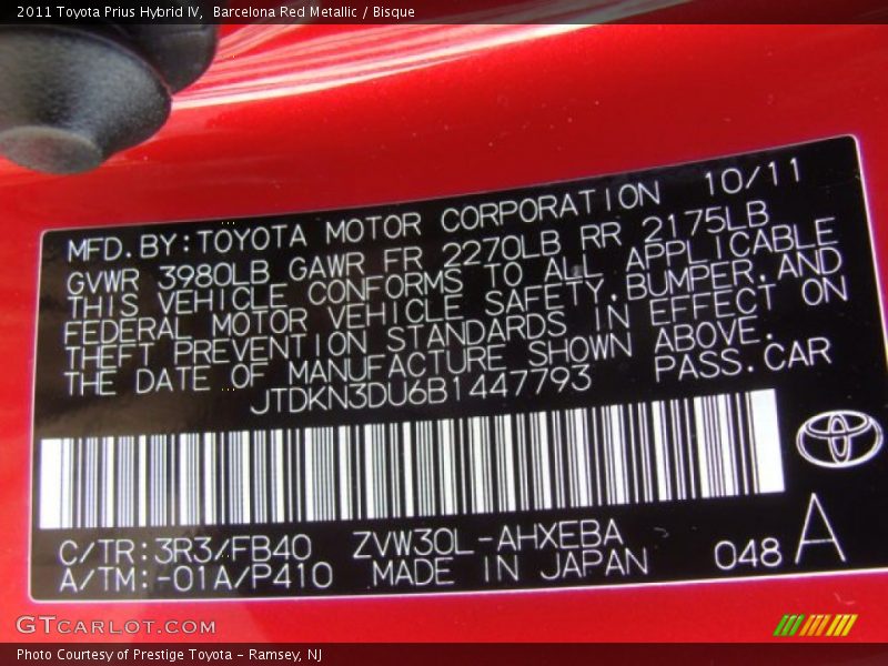 2011 Prius Hybrid IV Barcelona Red Metallic Color Code 3R3