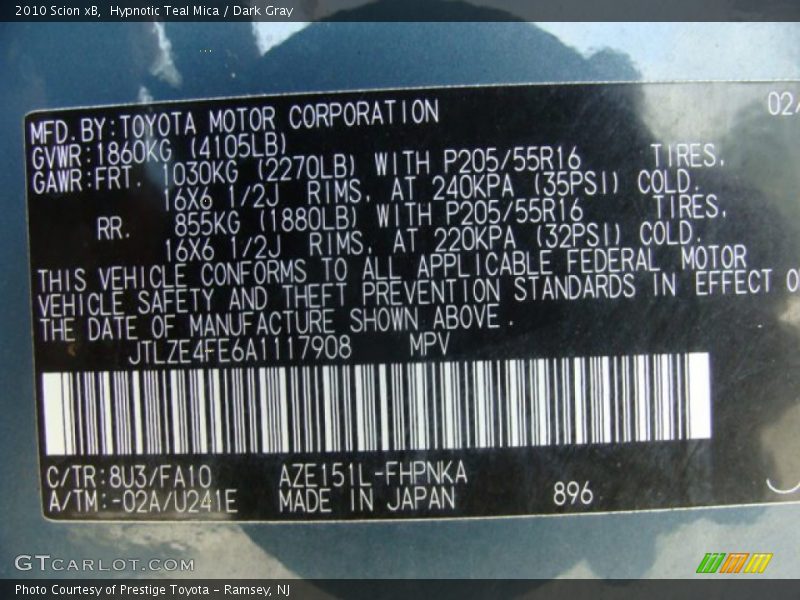 2010 xB  Hypnotic Teal Mica Color Code 8U3