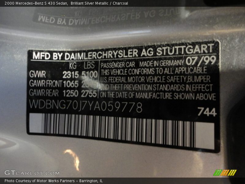 2000 S 430 Sedan Brilliant Silver Metallic Color Code 744