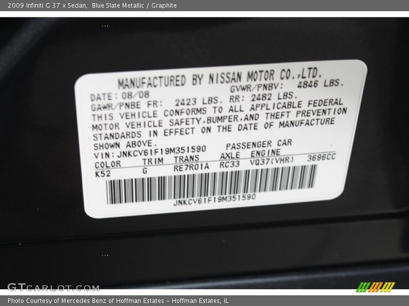 2009 G 37 x Sedan Blue Slate Metallic Color Code K52