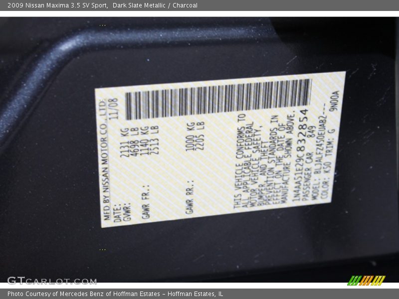 Dark Slate Metallic / Charcoal 2009 Nissan Maxima 3.5 SV Sport