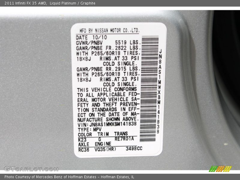 Liquid Platinum / Graphite 2011 Infiniti FX 35 AWD