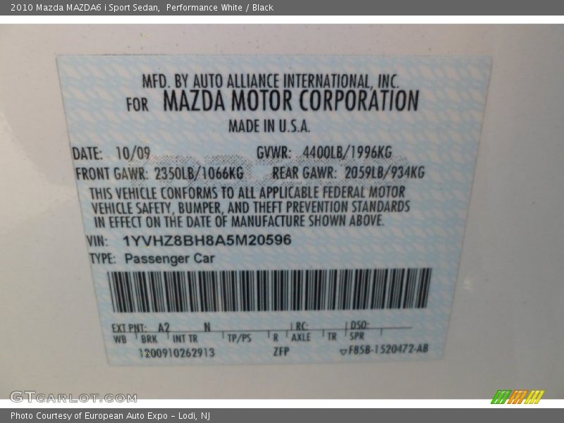 Performance White / Black 2010 Mazda MAZDA6 i Sport Sedan