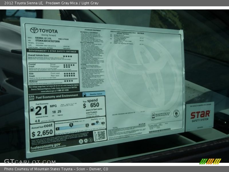  2012 Sienna LE Window Sticker