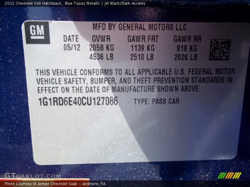 Info Tag of 2012 Volt Hatchback